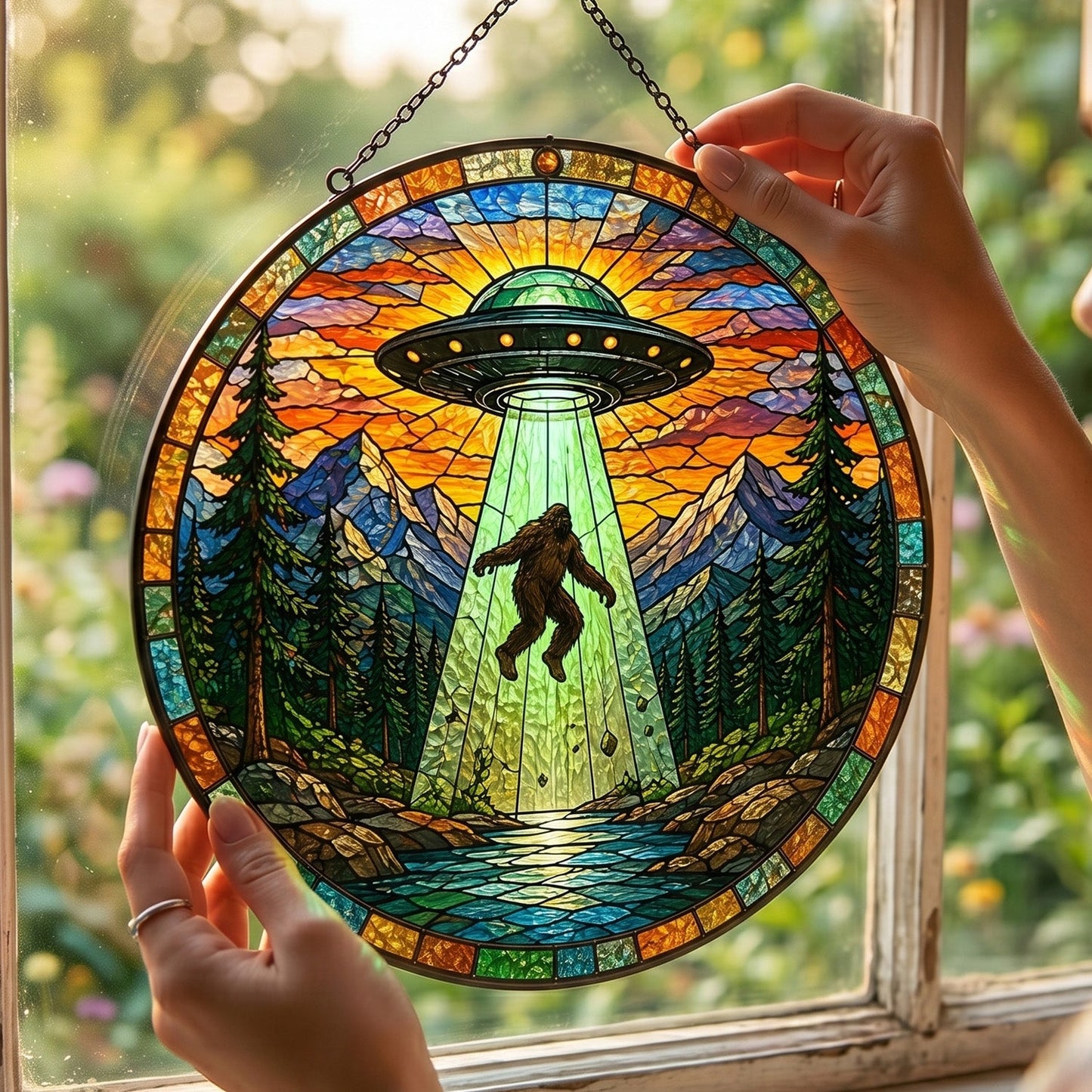 Bigfoot UFO Stain Glass Suncatcher