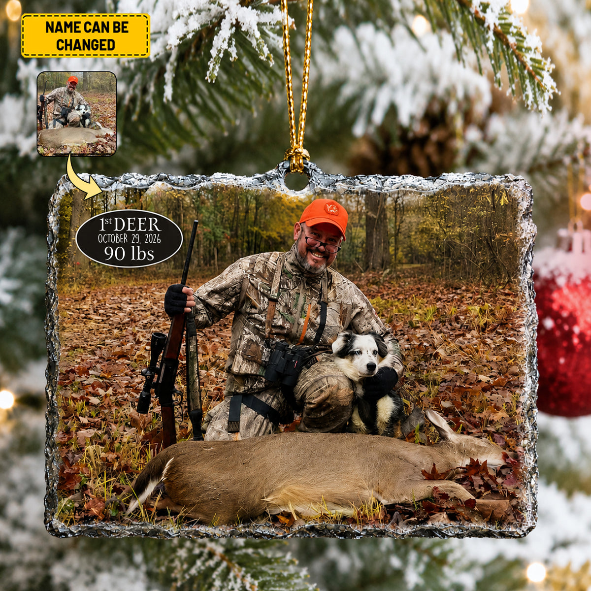 Custom First Deer Hunting Photo Ornament - Personalized Slate Stone Christmas Tree Decoration