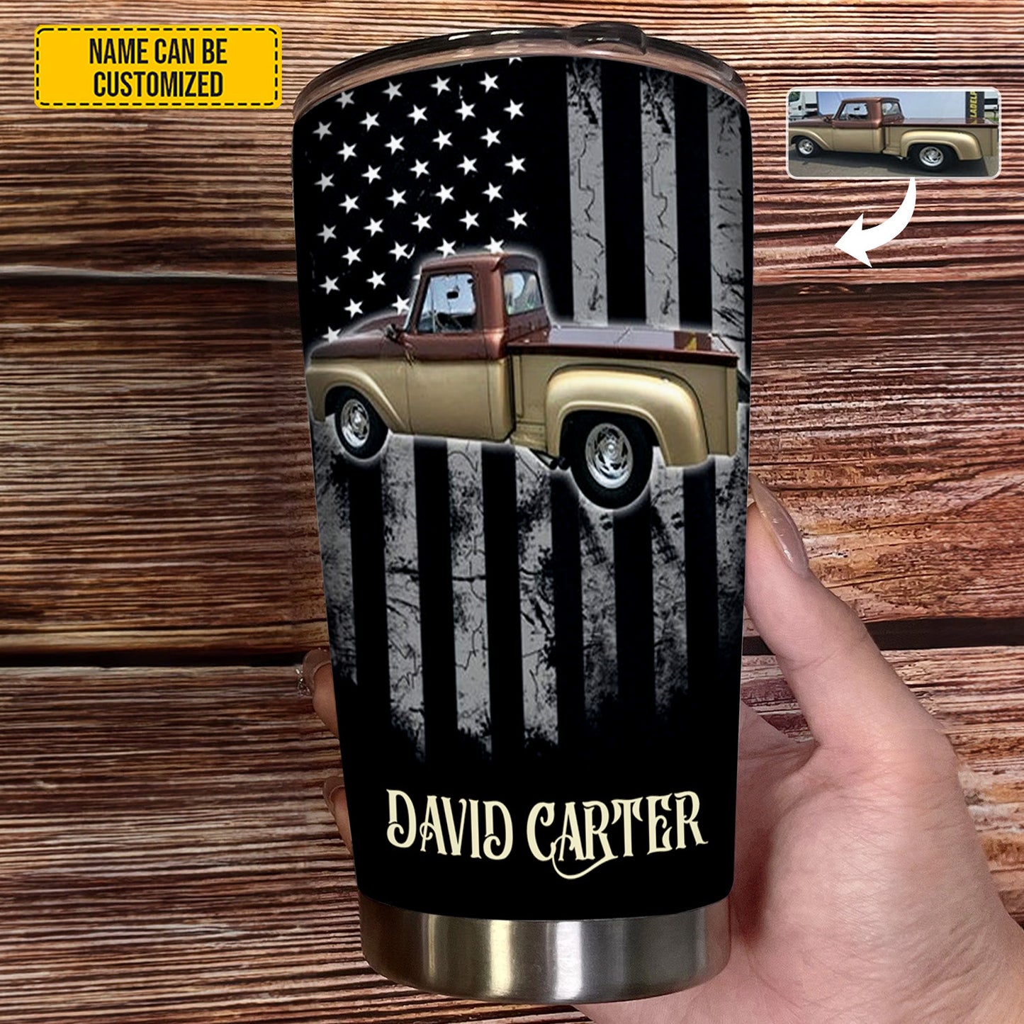 Personalized Classic Vehicle Tumbler – Vintage American Flag Gift