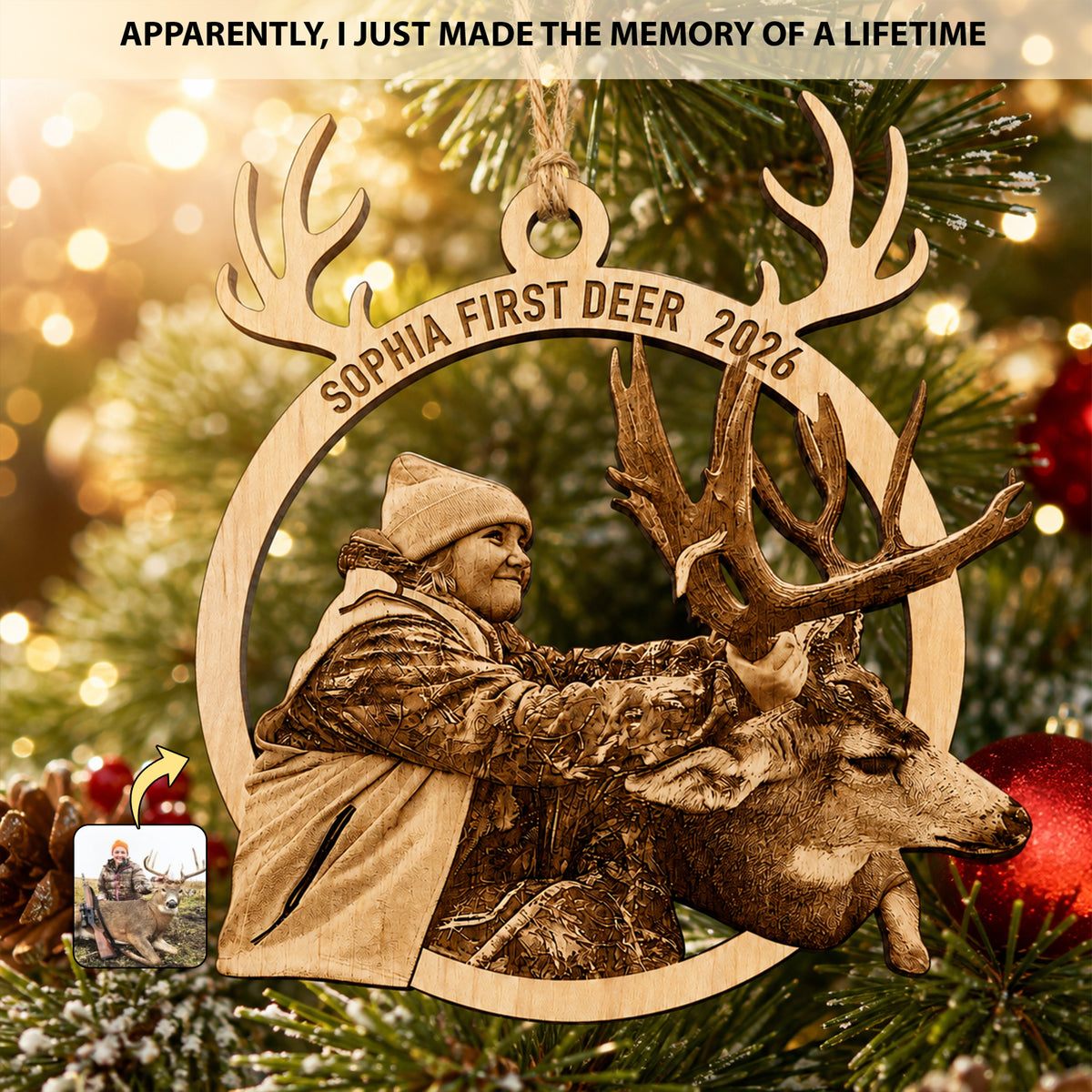 Personalized Hunting Photo Ornament - Custom Wooden Antler Christmas Keepsake