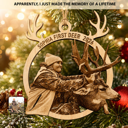 Personalized Hunting Photo Ornament - Custom Wooden Antler Christmas Keepsake