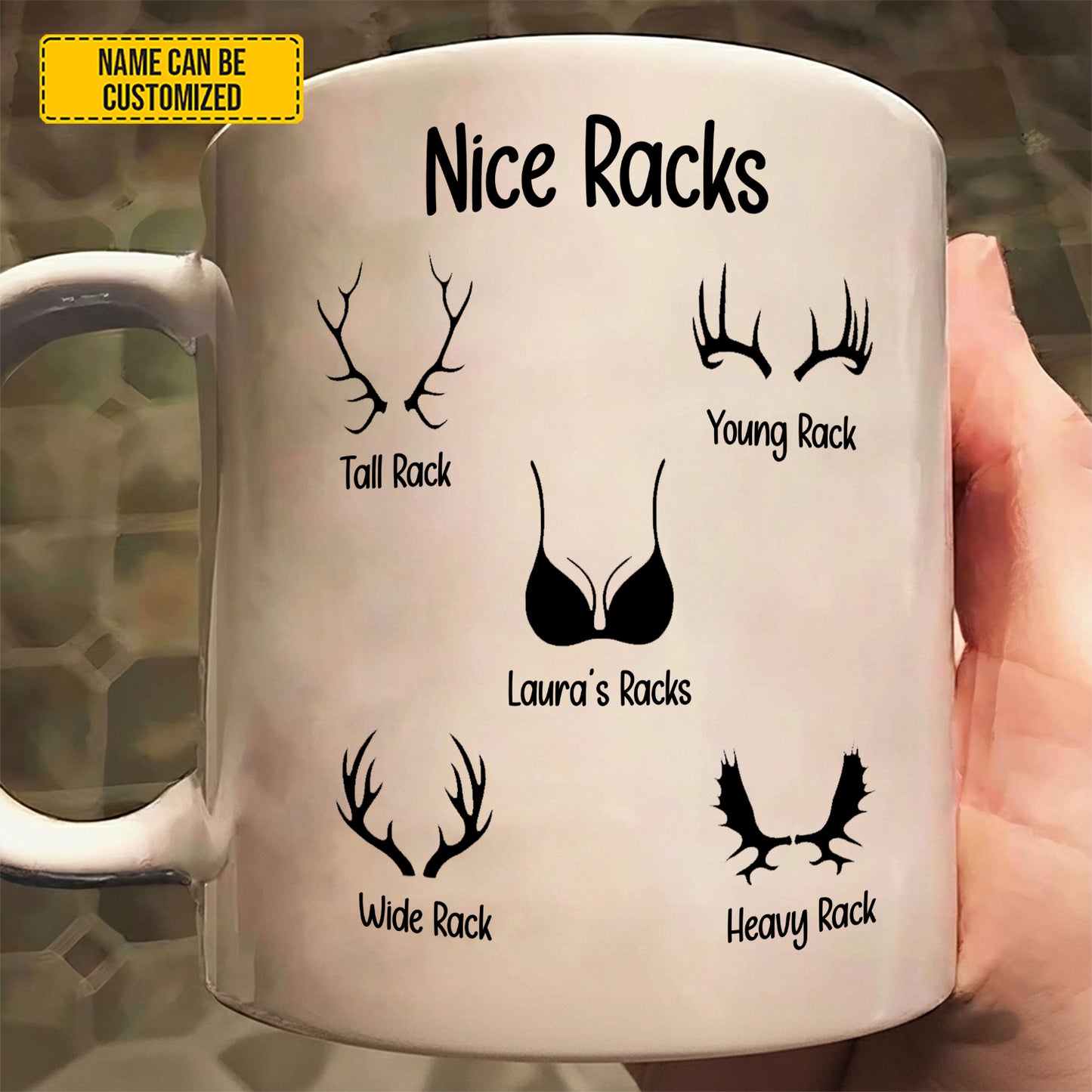 Personalized "Nice Racks" Funny Deer Antler White Mug