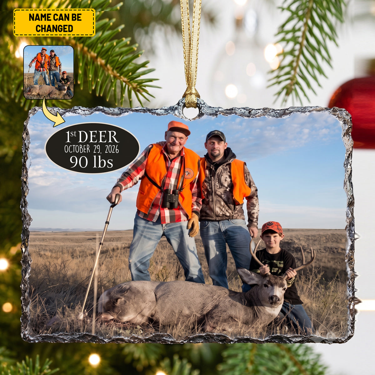Custom First Deer Hunting Photo Ornament - Personalized Slate Stone Christmas Tree Decoration