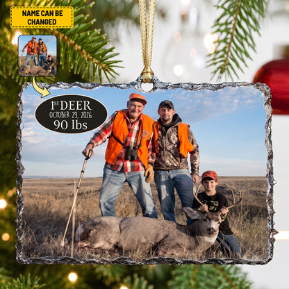 Custom First Deer Hunting Photo Ornament - Personalized Slate Stone Christmas Tree Decoration