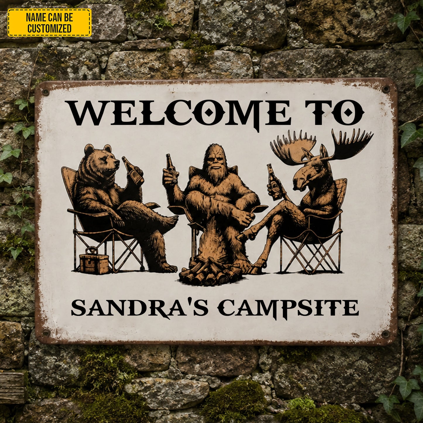 Personalized Campsite Metal Sign - Bear Bigfoot Moose Camping Decor
