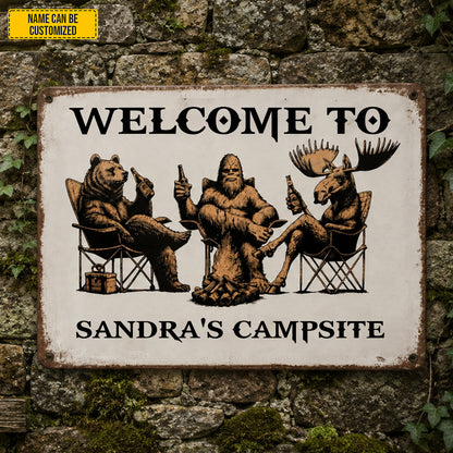 Personalized Campsite Metal Sign - Bear Bigfoot Moose Camping Decor