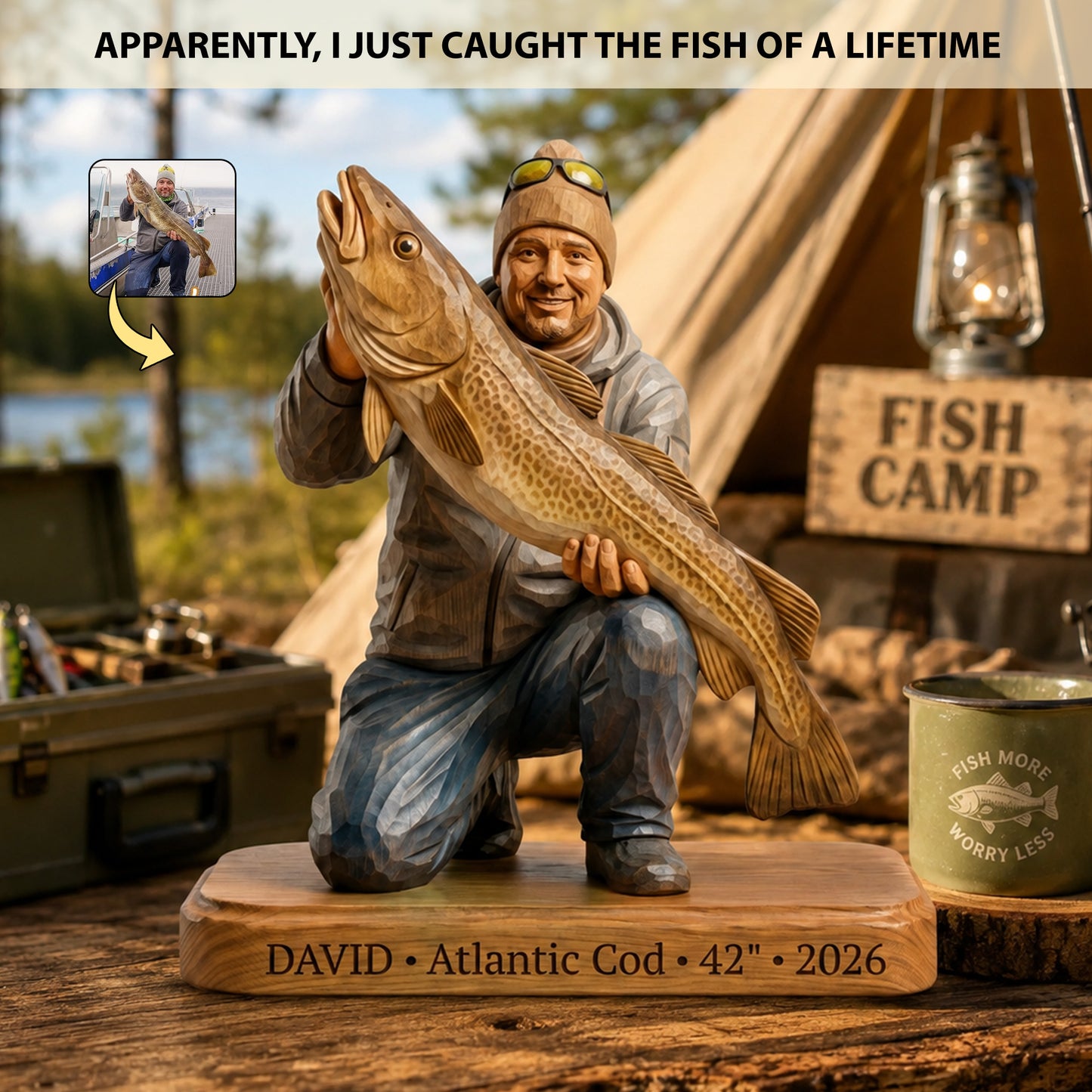 Custom Fishing Memory Carved Wooden Statue – Personalized Wooden Block