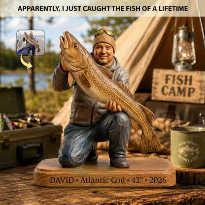 Custom Fishing Memory Carved Wooden Statue – Personalized Wooden Block