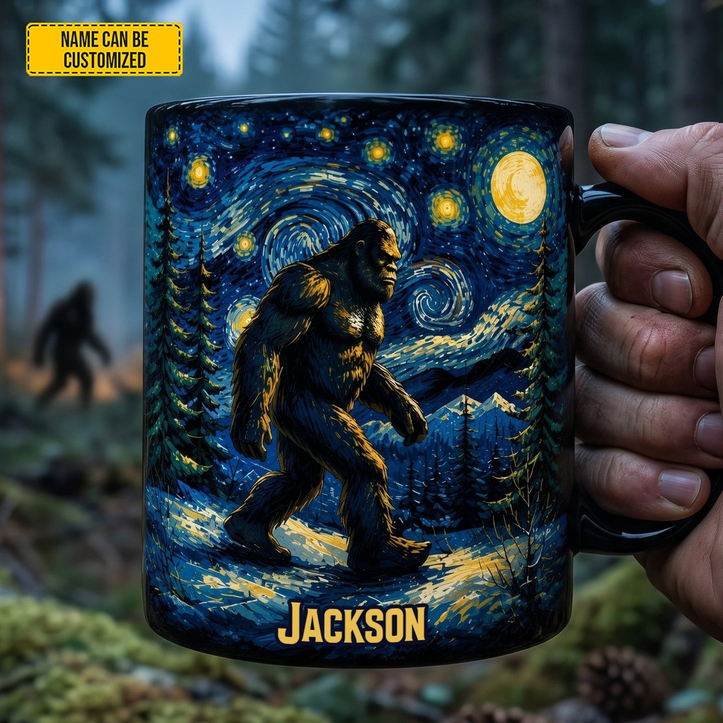 Starry Night Bigfoot - Personalized Bigfoot Black Mug