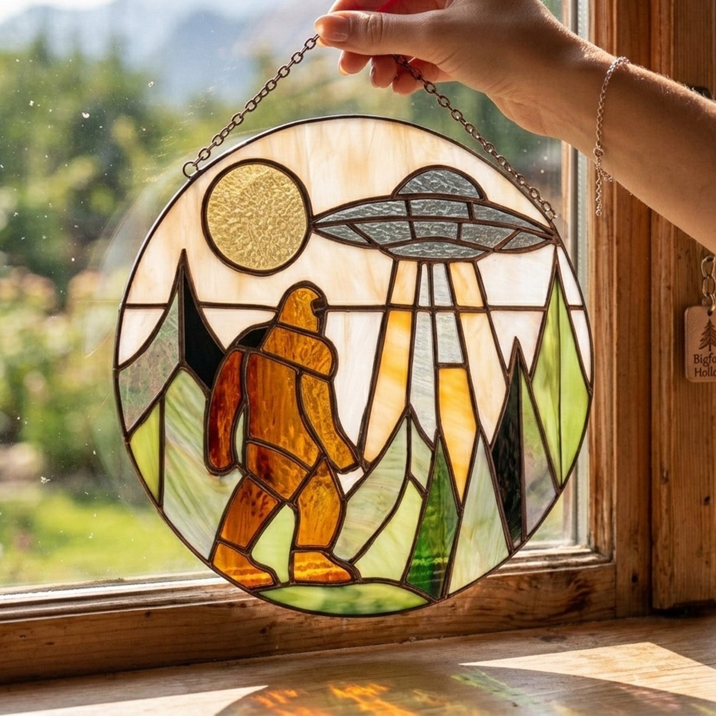 Bigfoot UFO Stain Glass Suncatcher