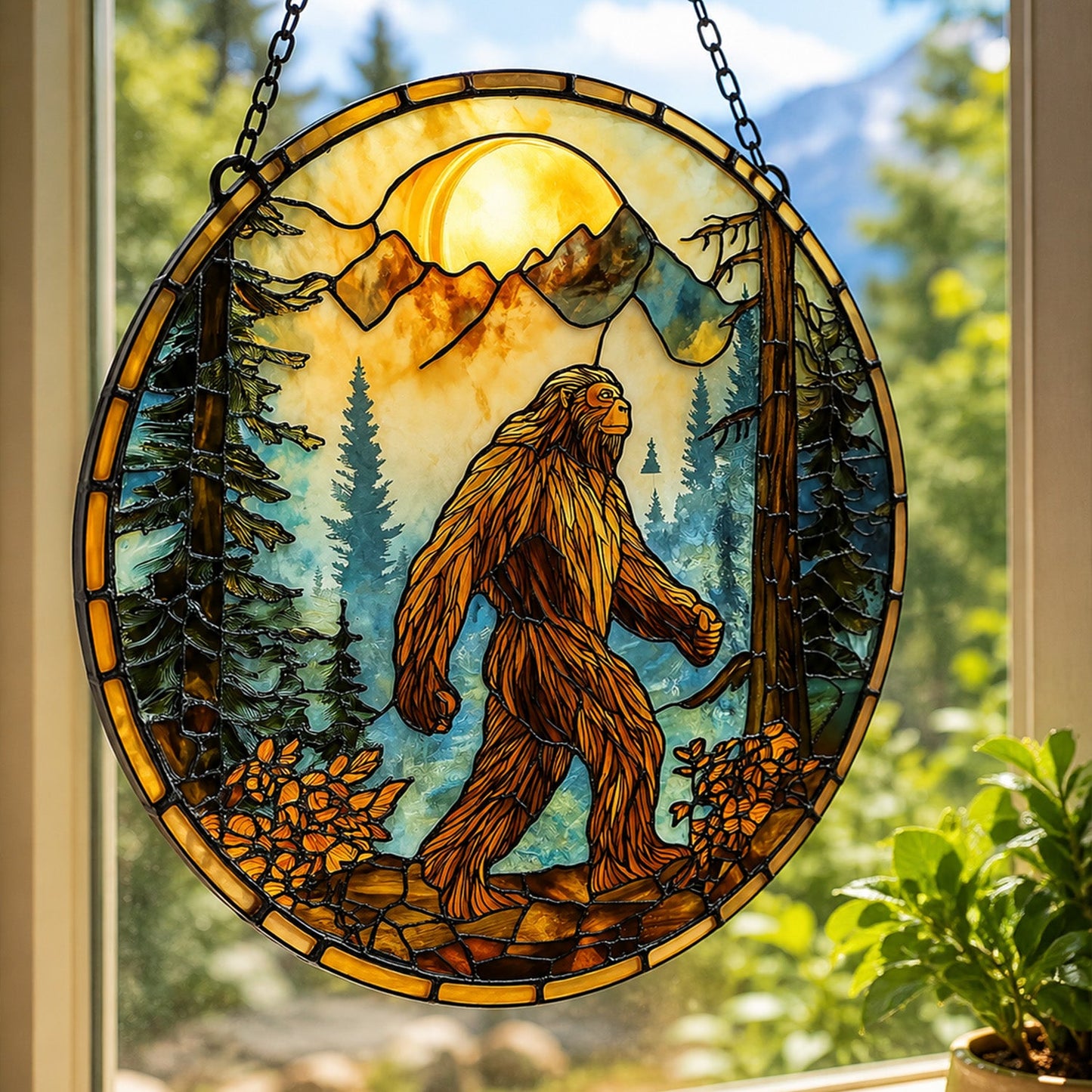 Bigfoot Mountain Sunset Stained Glass Suncatcher