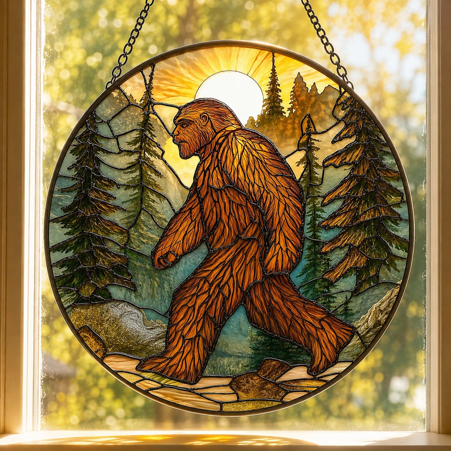 Bigfoot Forest Sunset Stained Glass Suncatcher