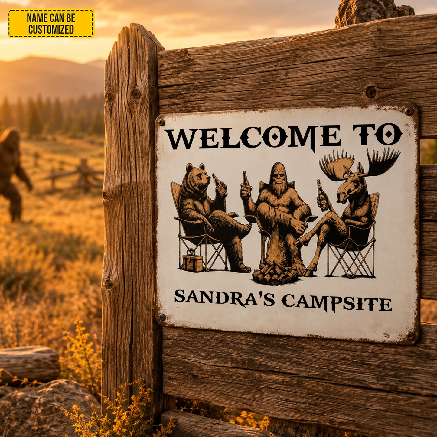 Personalized Campsite Metal Sign - Bear Bigfoot Moose Camping Decor