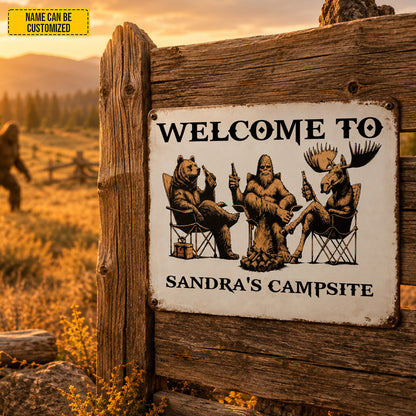 Personalized Campsite Metal Sign - Bear Bigfoot Moose Camping Decor