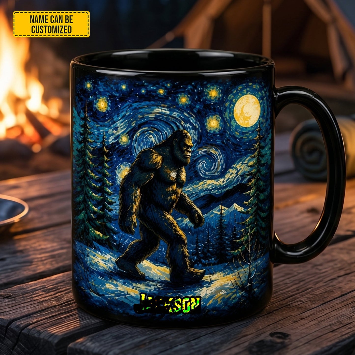 Starry Night Bigfoot - Personalized Bigfoot Black Mug
