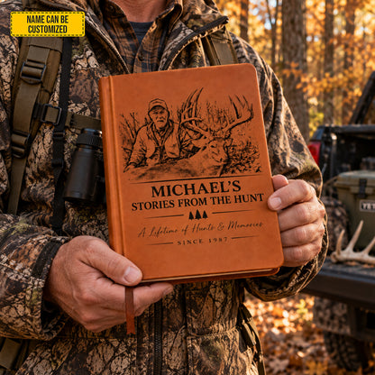 Personalized Hunting Leather Journal, Custom Hunter Name & Photo Notebook, Deer Hunting Log Book