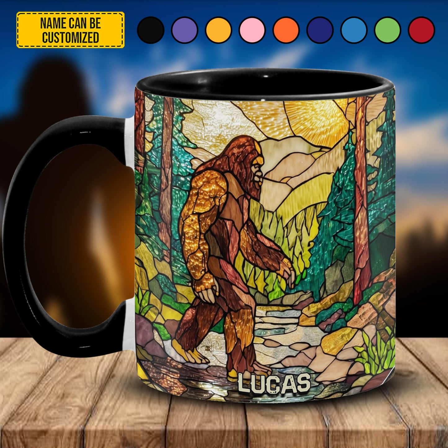 Bigfoot In Forest Stained Glass - Personalized Bigfoot Accent Mug