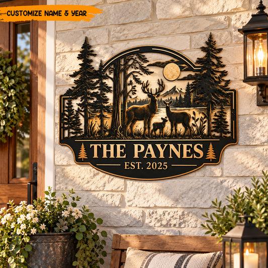 Personalized Deer Family Metal Sign - Custom Family Name Sign EST - Forest Cabin Wall Decor - Housewarming Gift for Family