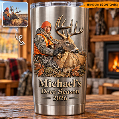 Personalized Deer Hunting Stainless Steel Tumbler, Custom Hunter Photo & Name Travel Mug, First Harvest Hunter Gift