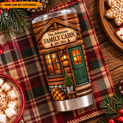Personalized Family Cabin Tumbler, Custom Log Cabin Travel Mug, Rustic Home & Cabin Gift, Camping Tumbler with Name