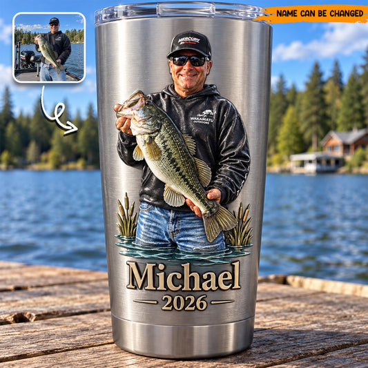 Personalized Bass Fishing Stainless Steel Tumbler, Custom Fisherman Photo & Name Travel Mug, Fishing Lover Gift