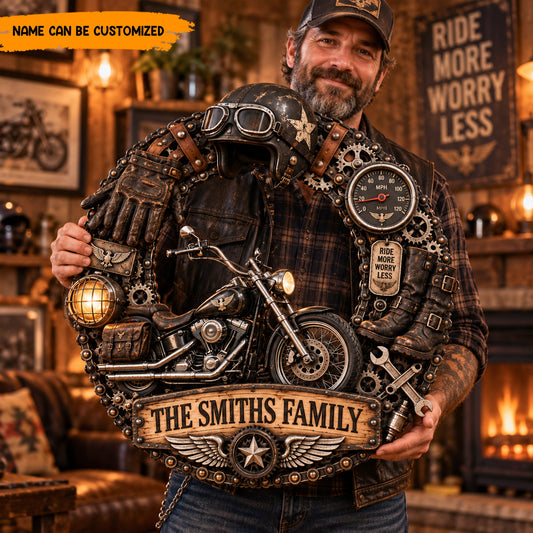 Personalized Biker Wreath Door Sign - Custom Family Name Motorcycle Garage Decor - Vintage Biker Gift for Men Husband Dad