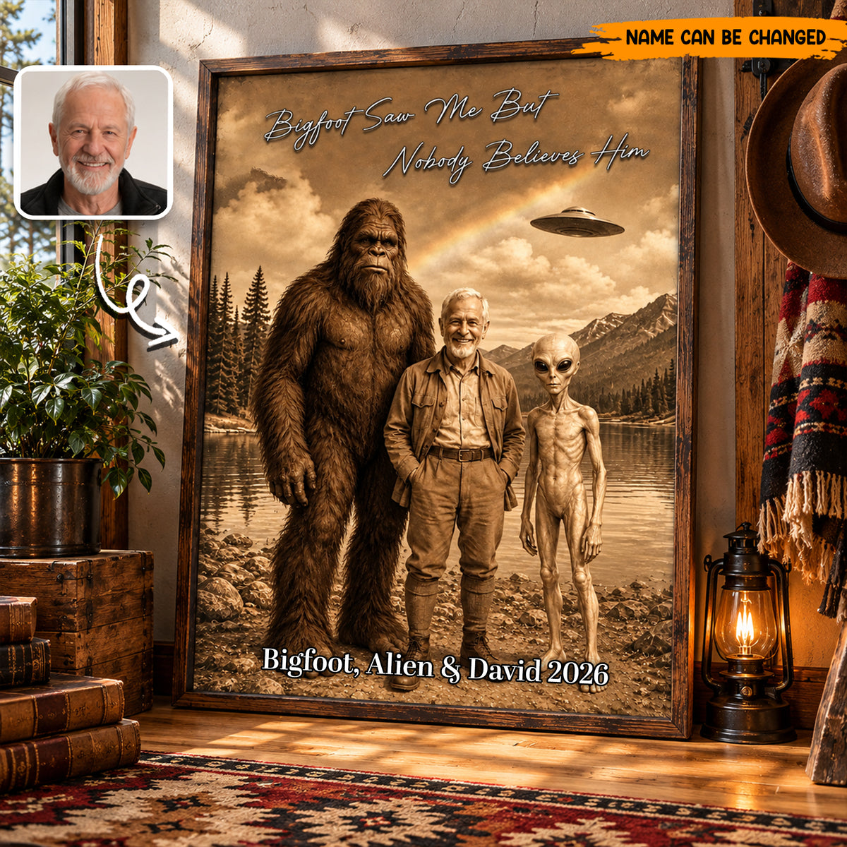 Custom Funny Bigfoot Poster & Canvas, Personalized Alien and Man Wall Decor