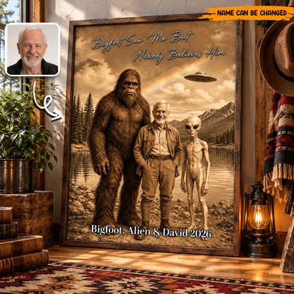 Custom Funny Bigfoot Poster & Canvas, Personalized Alien and Man Wall Decor