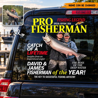 Customized Pro Fisherman Magazine Car Window Decal, Personalized Fishing Legend Rear Window Sticker, Fisherman Gift for Husband Dad