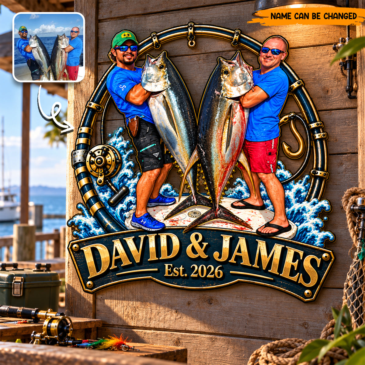 Personalized Fishing Metal Sign, Custom Fishermen Photo & Names Metal Wall Art, Deep Sea Fishing Gift
