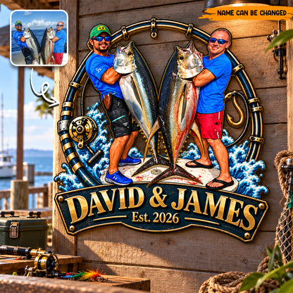 Personalized Fishing Metal Sign, Custom Fishermen Photo & Names Metal Wall Art, Deep Sea Fishing Gift