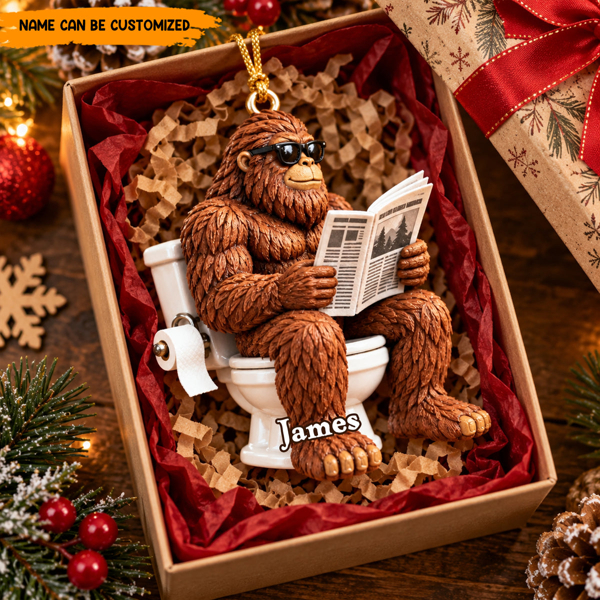 Bigfoot Bathroom Break – Personalized Funny Christmas Ornament