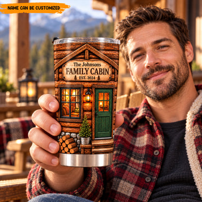 Personalized Family Cabin Tumbler, Custom Log Cabin Travel Mug, Rustic Home & Cabin Gift, Camping Tumbler with Name