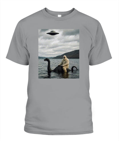 Bigfoot Rides Nessie – Legendary Lake Monster Shirt