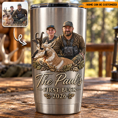 Personalized Deer Hunting Stainless Steel Tumbler, Custom Hunter Photo & Name Travel Mug, First Harvest Hunter Gift