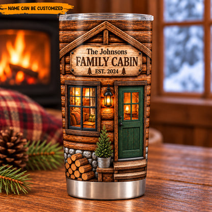 Personalized Family Cabin Tumbler, Custom Log Cabin Travel Mug, Rustic Home & Cabin Gift, Camping Tumbler with Name