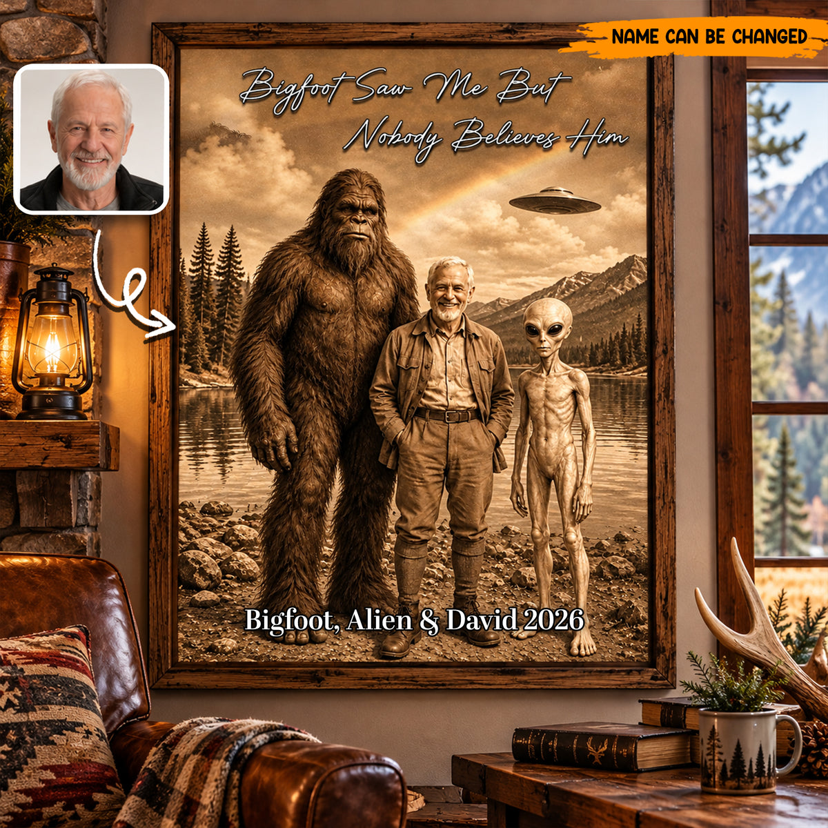 Custom Funny Bigfoot Poster & Canvas, Personalized Alien and Man Wall Decor