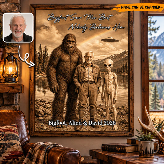 Custom Funny Bigfoot Poster & Canvas, Personalized Alien and Man Wall Decor
