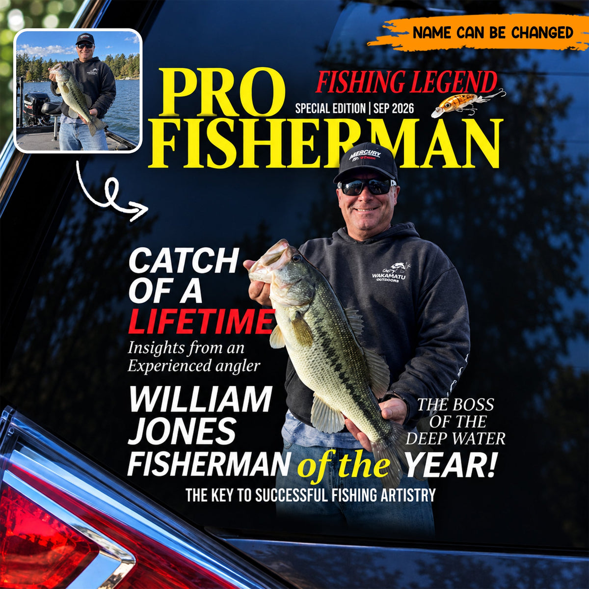 Customized Pro Fisherman Magazine Car Window Decal, Personalized Fishing Legend Rear Window Sticker, Fisherman Gift for Husband Dad