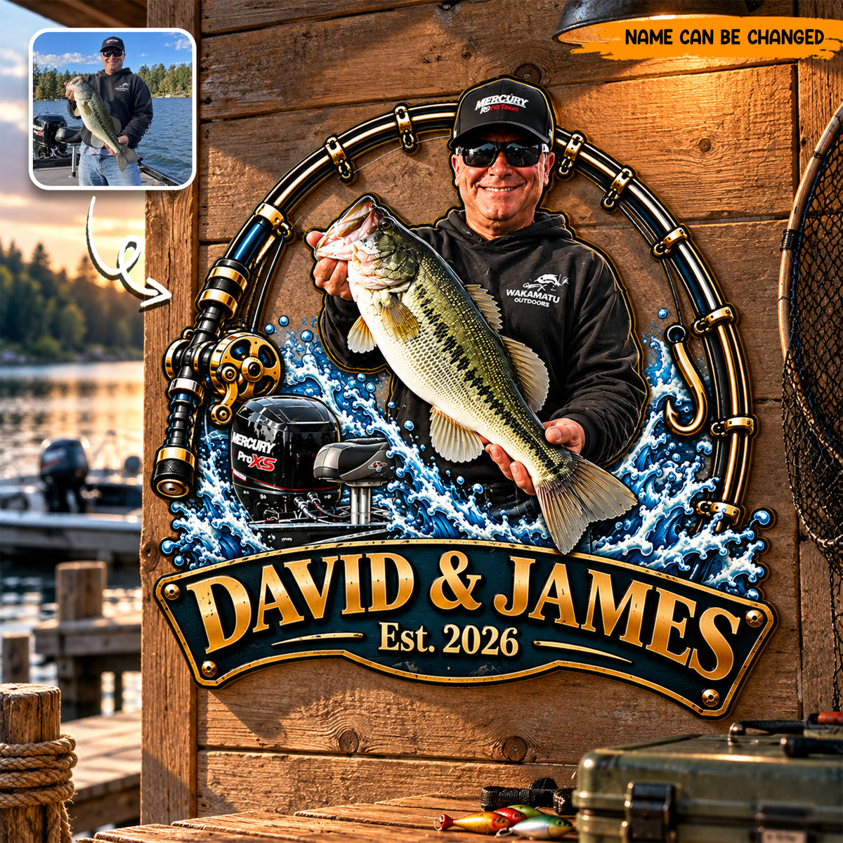 Personalized Fishing Metal Sign, Custom Fishermen Photo & Names Metal Wall Art, Deep Sea Fishing Gift