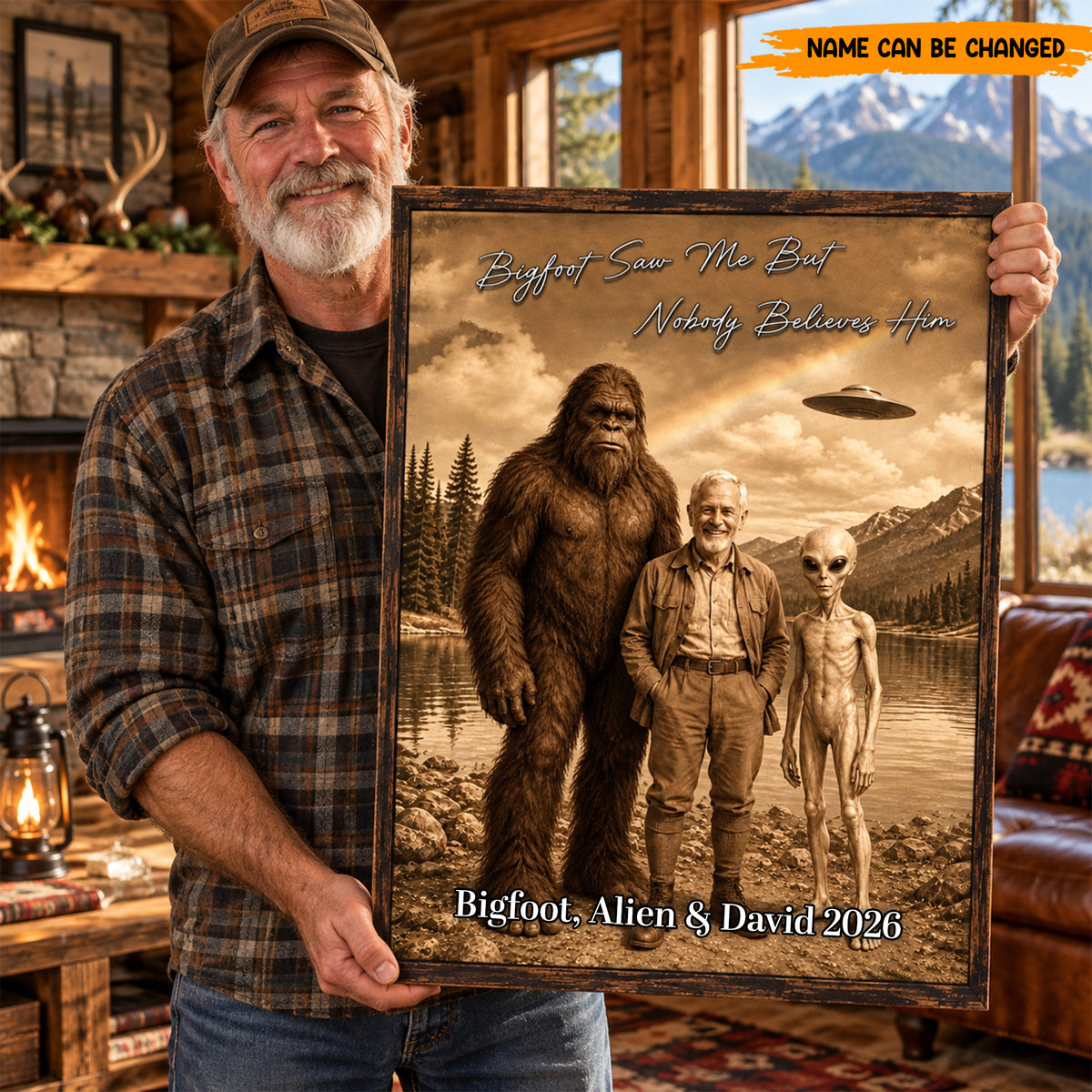 Custom Funny Bigfoot Poster & Canvas, Personalized Alien and Man Wall Decor