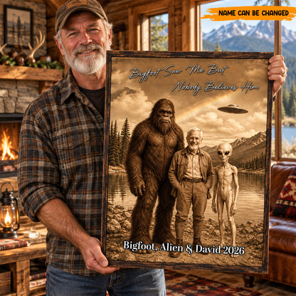 Custom Funny Bigfoot Poster & Canvas, Personalized Alien and Man Wall Decor