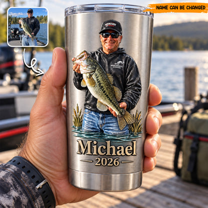 Personalized Bass Fishing Stainless Steel Tumbler, Custom Fisherman Photo & Name Travel Mug, Fishing Lover Gift