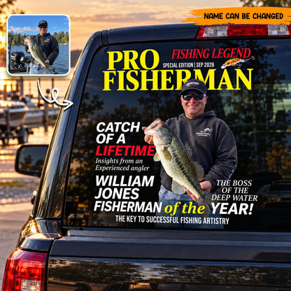 Customized Pro Fisherman Magazine Car Window Decal, Personalized Fishing Legend Rear Window Sticker, Fisherman Gift for Husband Dad