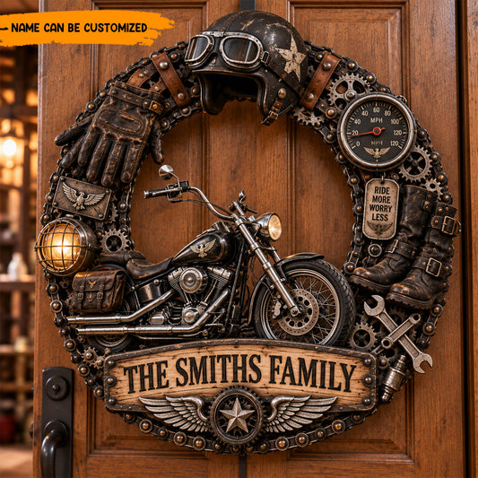 Personalized Biker Wreath Door Sign - Custom Family Name Motorcycle Garage Decor - Vintage Biker Gift for Men Husband Dad