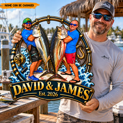 Personalized Fishing Metal Sign, Custom Fishermen Photo & Names Metal Wall Art, Deep Sea Fishing Gift
