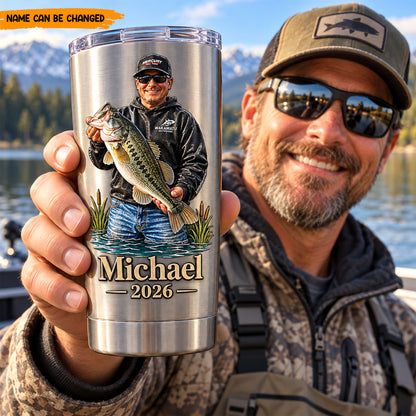 Personalized Bass Fishing Stainless Steel Tumbler, Custom Fisherman Photo & Name Travel Mug, Fishing Lover Gift