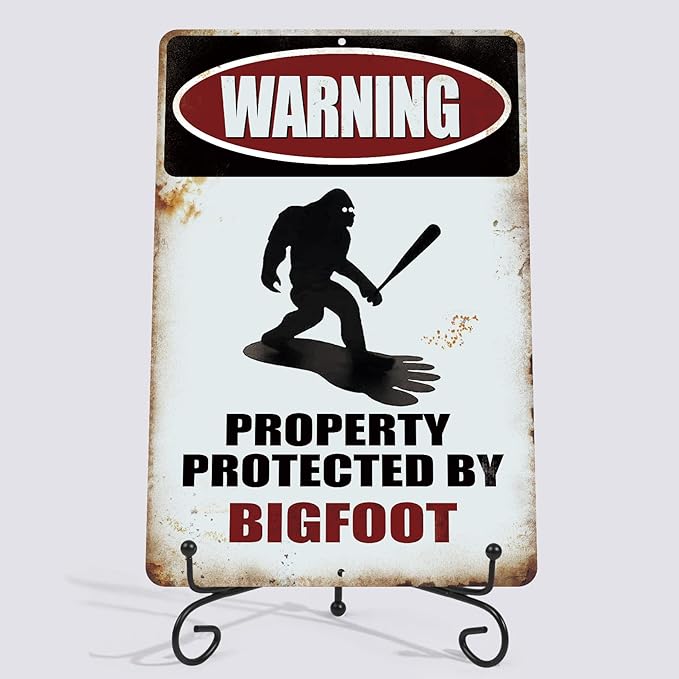 Funny Sasquatch Gift Metal Sign Warning Property Protected by Bigfoot - Funny Metal Decor Sign