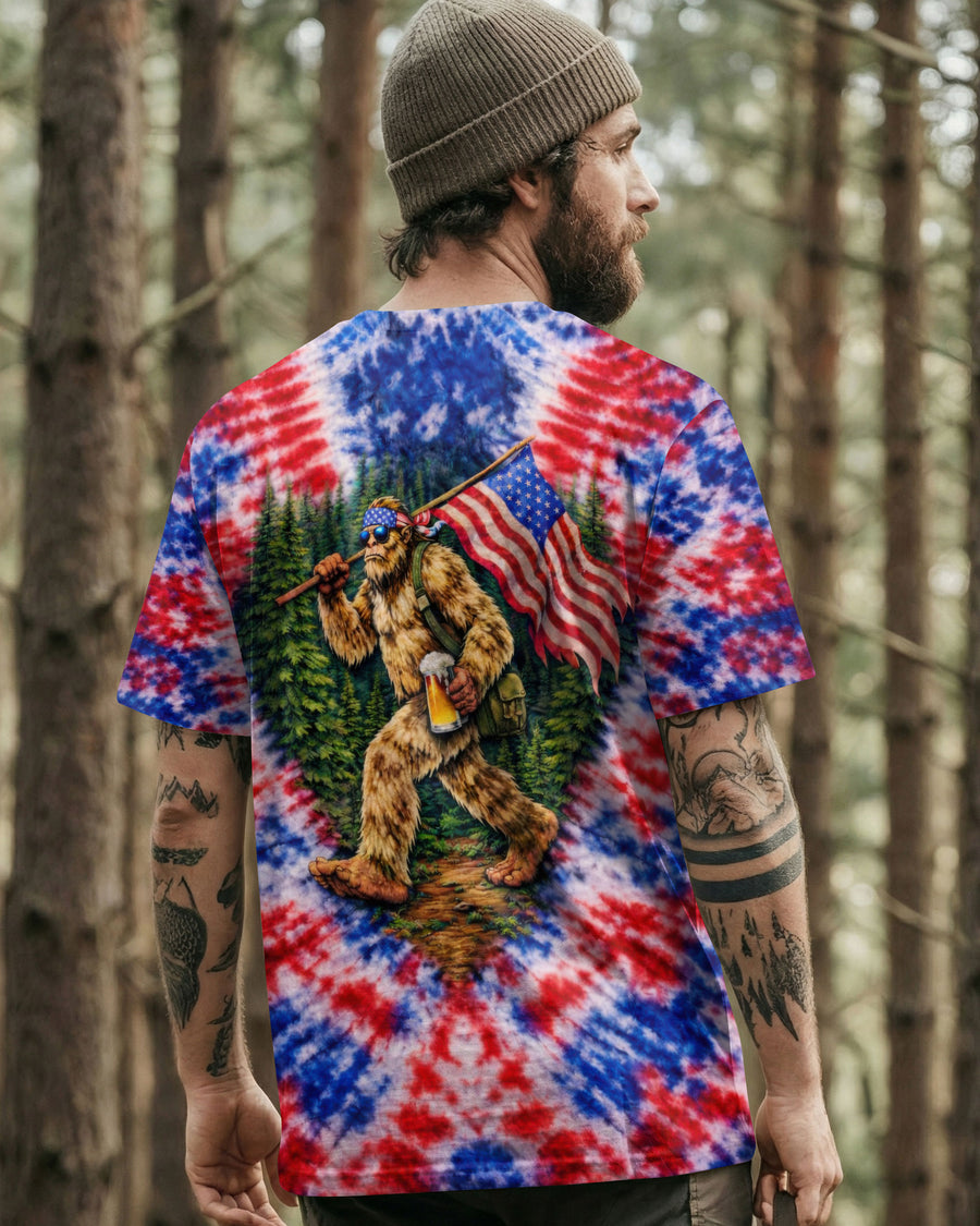 BIGFOOT WITH FLAG RED WHITE & BLUE SWIRL ALL OVER PRINT SHIRT