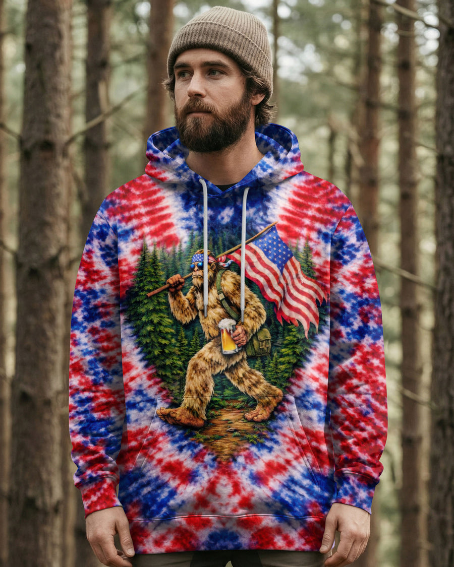 BIGFOOT WITH FLAG RED WHITE & BLUE SWIRL ALL OVER PRINT SHIRT
